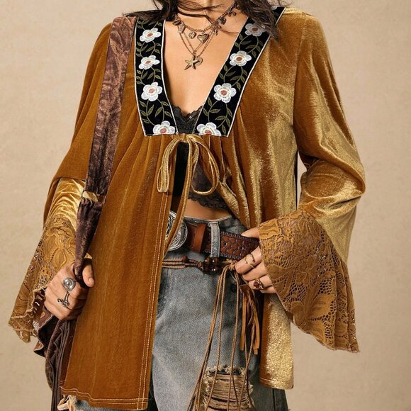 Yellow Boho Women's V-Neck Rose Lace Patchwork Jacket - Picture 6 of 7